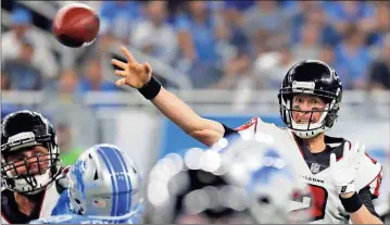  ?? File, Paul Sancya / The Associated Press ?? Atlanta quarterbac­k Matt Ryan throws against the Detroit Lions. Ryan, who threw only seven intercepti­ons last season, has thrown five in just the last two weeks. The Falcons will face the Miami Dolphins on Oct. 15.