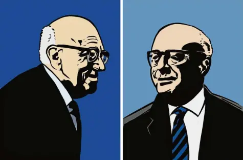  ??  ?? Das legendäre Autoren-Duo, abstrahier­t von einem Foto im Jahr 1964 (von links): Max Horkheimer (1895–1973) und Theodor W. Adorno (1903–1969).
Illustrati­on: Mauritius