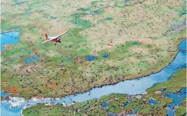  ?? [U.S. FISH AND WILDLIFE SERVICE VIA AP] ?? In this undated photo provided by the U.S. Fish and Wildlife Service, an airplane flies over caribou from the Porcupine Caribou Herd on the coastal plain of the Arctic National Wildlife Refuge in northeast Alaska.