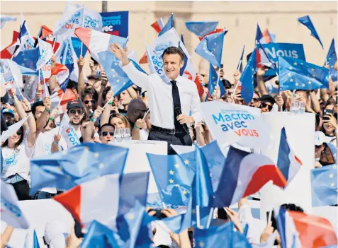  ?? ?? Emmaneul Macron is cheered by his supporters in Marseille yesterday. But the votes of people who voted for other candidates in the first round will be key to his electoral chances