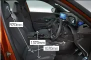  ??  ?? 920mm 1370mm 1070mm
There’s a little more leg room front and rear in the 2008, but a high window line, narrow interior and sloping roof make it feel more cramped than the Q2.wide door sills also mean it’s quite tricky to climb and out of the rear seats