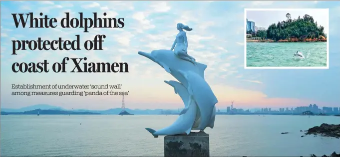  ?? ZHOU QING / FOR CHINA DAILY LIN SHANCHUAN / XINHUA ?? Above:A sculpture depicting the harmony between humans and Chinese white dolphins overlooks Huoshaoyu Island of Xiamen, Fujian province, in January. Inset: A dolphin frolics off the coast of Huoshaoyu Island in Xiamen, Fujian province.