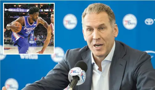  ?? AP ?? Former 76ers president Bryan Colangelo resigned after his wife tweeted unflatteri­ng things about players such as Joel Embiid ( inset), among others.