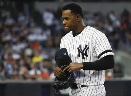  ?? MATT SLOCUM — ASSOCIATED PRESS ?? In this Oct. 15, 2019, file photo, New York Yankees starting pitcher Luis Severino leaves the game against the Houston Astros during the fifth inning in Game 3 of the American League Championsh­ip Series in New York.