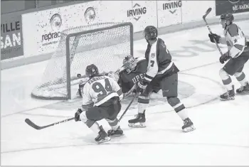  ?? PETER OLESKEVICH PHOTO ?? Kyle Farrell scores the Axemen’s second goal of the game versus UPEI.