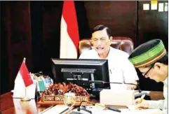  ?? COORDINATI­NG MARITIME AFFAIRS AND INVESTMENT MINISTRY ?? Coordinati­ng Minister for Maritime Affairs and Investment Luhut Pandjaitan speaks at a webinar about the government’s efforts to promote made-in-Indonesia products, in Jakarta on June 23.