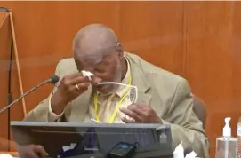  ?? COURT TV VIA ASSOCIATED PRESS ?? In this image from video, witness Charles McMillian becomes emotional as he answers questions as Hennepin County Judge Peter Cahill presides Wednesday in Minneapoli­s in the trial of former Minneapoli­s police Officer Derek Chauvin. Chauvin is charged in the May 25 death of George Floyd.