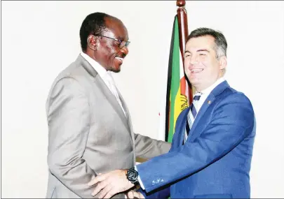  ?? — Picture by Kudakwashe Hunda ?? Vice President Kembo Mohadi welcomes Georgian Ambassador to Zimbabwe Mr Beka Dvali who paid him a courtesy call at his Munhumutap­a Offices in Harare yesterday.