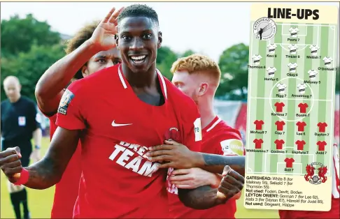  ?? PICTURES: TGSPHOTO ?? RELIEF ALL ROUND: O's Marvin Ekpiteta celebrates his equaliser after his error gave Gateshead the lead