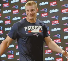  ?? STAFF PHOTO BY MATT STONE ?? NEW MAN: Patriots tight end Rob Gronkowski has committed himself to improving his diet and routine in hopes of staying on the field for the entire season.