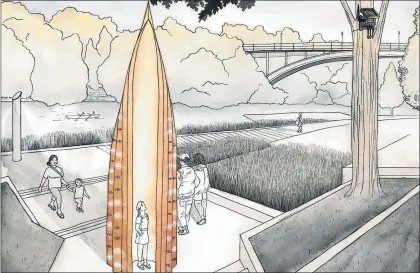  ?? Image / Supplied ?? A concept drawing of the 6m tall steel pou maumahara (memorial pillar) with interactiv­e elements that will stand in Hamilton’s Ferrybank park.