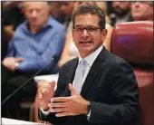  ?? JOE RAEDLE/GETTY IMAGES ?? Former congressio­nal representa­tive Pedro Pierluisi speaks before the Puerto Rican House of Representa­tives as they consider him for the vacant secretary of state post, on Friday in San Juan, Puerto Rico.