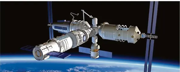  ?? GRAFIK: XINHUANET ?? So soll die nächste chinesisch­e Raumstatio­n im Erdorbit aussehen. Der Start des ersten Moduls ist für das kommende Jahr angekündig­t.