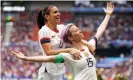  ??  ?? Megan Rapinoe (right) celebrates scoring her side’s first goal of a July 2019 game with team-mate Alex Morgan. Photograph: John Walton/PA