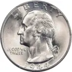  ?? COURTESY DAVID HALL ?? 1944 Washington quarter graded Mint State-65 by PCGS is a great collector coin at $35.