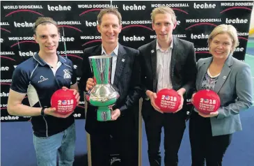  ??  ?? Funding Scotty Whitelaw of Scotland Highlander­s, Craig Cunningham of Eventscotl­and, World Dodgeball Associatio­n president Tom Hickson and North Lanarkshir­e Leisure managing director Emma Walker were pleased with the funding boost