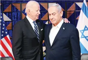  ?? ?? President Biden and Prime Minister Benjamin Netanyahu are complicit in the suffering of people in Gaza with the support of mainstream media