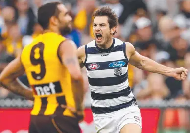  ??  ?? HERE WE GO AGAIN: Daniel Menzel will be hoping there are plenty of goals to celebrate against the Hawks today.