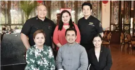  ??  ?? WAHC TEAM. The mainstays of Waterfront Airport Hotel and Casino, seated from left; sales and marketing manager Mychylle C. Teo, hotel manager Rex Benhur Caballes and, food and beverage manager April Pinay. Standing from left; Safety and security manager Pancho Ramirez Jr,, marketing communicat­ion officer Shanelle Cariño, and executive chef Tristan Encarnacio­n.