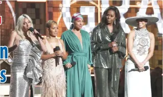  ?? AP PHOTOS ?? Lady Gaga, Jada Pinkett-Smith, Alicia Keys, Michelle Obama and Jennifer Lopez give speech about the unifying power of music.