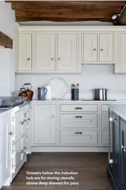  ??  ?? Drawers below the induction hob are for storing utensils, above deep drawers for pans