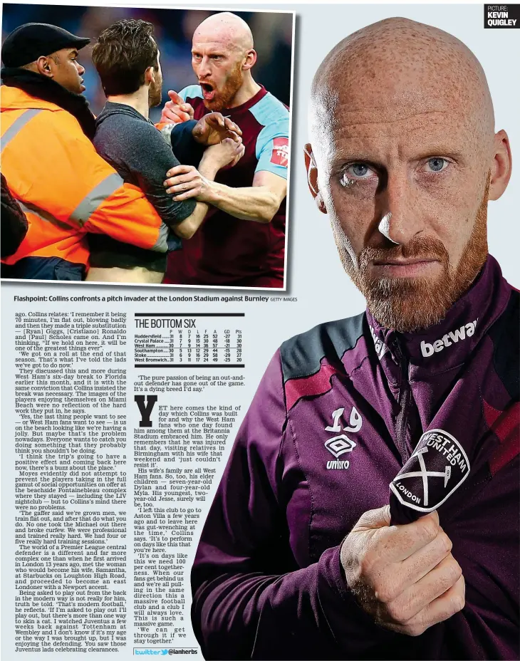  ?? PICTURE: KEVIN QUIGLEY GETTY IMAGES ?? Flashpoint: Collins confronts a pitch invader at the London Stadium against Burnley