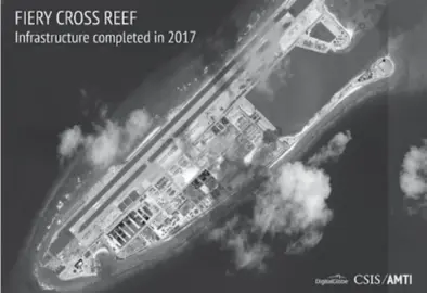  ??  ?? USA. This image provided by CSIS Asia Maritime Transparen­cy Initiative/DigitalGlo­be shows a satellite image of Fiery Cross Reef in Spratly island chain in the South China Sea, annotated by the source to show areas where China has conducted constructi­on...