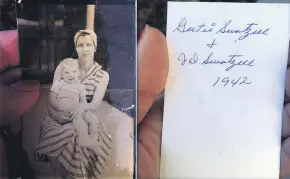  ?? ?? This combinatio­n photo shows Katie Posten holding the front and back of a photograph she found stuck to her car’s windshield, New Albany, Indiana, U.S., Dec. 11, 2021.