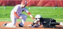  ??  ?? Munster third baseman Zach Beerling, left, applies the tag to Andrean’s Jax Kalemba during Monday’s game.