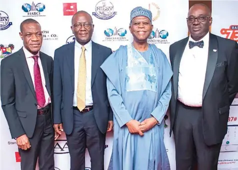  ??  ?? President, British Chambers of Commerce, Mr. Akin Olawore (left); guest speaker at the Internatio­nal Real Estate Federation (FIABCI) Prix de Excellence/ Dinner, Bode Agusto; chairman of the occasion, Goodie Ibru and President, FIABCI Nigeria, Joe...