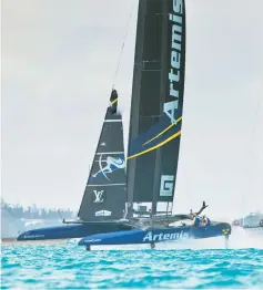  ??  ?? Artemis Racing skippered by Nathan Outteridge races during the 35th America’s Cup, Louis Vuitton Challenger Playoffs finals in Hamilton, Bermuda. — AFP photo