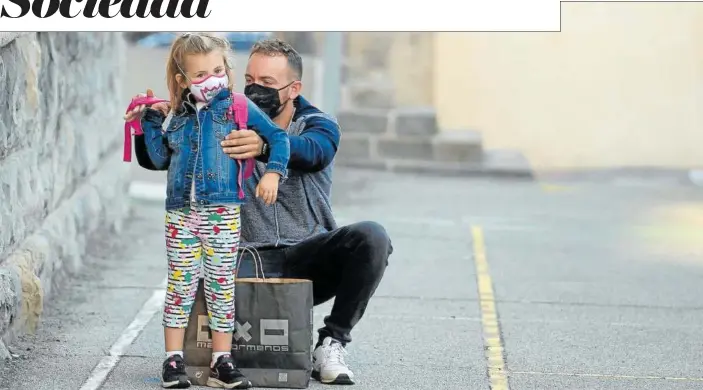  ??  ?? Un padre ayuda a su hija a colocarse la mochila antes de entrar en clase durante el primer día de cole, el pasado septiembre.