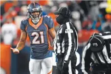  ??  ?? Aqib Talib was upset with an official during Sunday’s game, and with teammate Russell Okung after it. Helen H. Richardson, The Denver Post