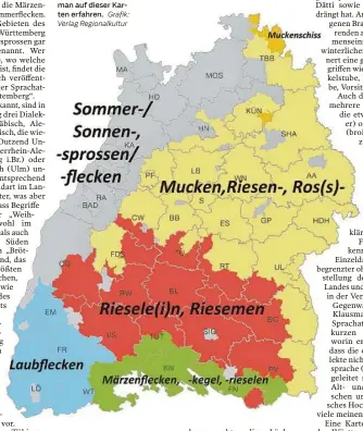  ?? Grafik: Verlag Regionalku­ltur ?? Wo Sommerspro­ssen im Dialekt ganz anders heißen, kann man auf dieser Karten erfahren.