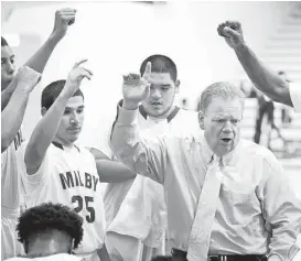  ?? Melissa Phillip / Houston Chronicle ?? Milby coach Jim Duffer brings his team together Tuesday during the final game in his 29-year run at the school.