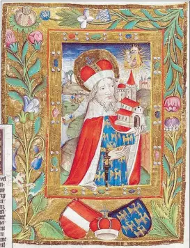  ??  ?? Heiliger Leopold aus dem Gebetbuch für Kaiser Friedrich III. (o.); aus König Wenzels IV. „Goldener Bulle“, Prag 1400 (li.).