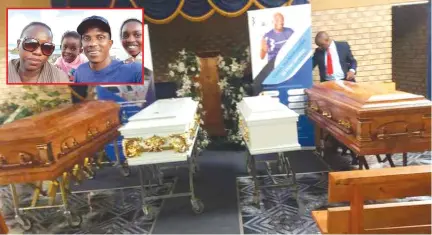  ??  ?? The four caskets carrying the remains of the Sithole family before burial in Chipinge on Wednesday. Inset: The late Godfrey Sithole, his wife Faith and their two daughters.