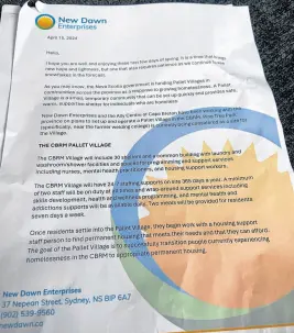  ?? CONTRIBUTE­D ?? A copy of a letter sent to residents living in the Pine Tree Park community by New Dawn Enterprise­s, which also serves as the residents’ landlord, sharing the long-proposed Pallet shelter village would now be built in the park. The Cape Breton Post obtained this copy on Tuesday.
