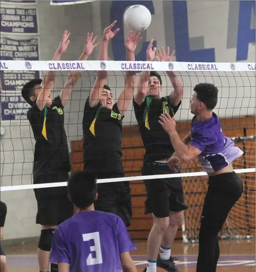  ?? Photos by Ernest A. Brown ?? The No. 7 North Smithfield volleyball team and No. 5 Tolman both went to Providence Friday looking for D-II quarterfin­al victories, but both returned home with losses. Tejas Bhatia (28, bottom left) and the Northmen lost in four to Classical, while...