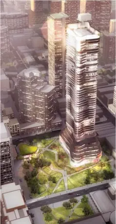  ?? LANTERRA DEVELOPMEN­TS ?? Lanterra’s designs released this week for a vacant lot at 11 Wellesley St. W. include a 50-storey condo tower surrounded by an urban park.