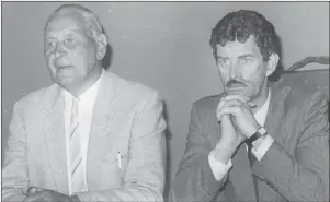  ??  ?? Labour leader Dick Spring with Councillor Michael Moynihan after his selection as Labour candidate in South Kerry. (Photo:MichelleCo­operGalvin).