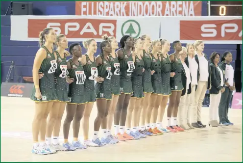 ?? PICTURE: REG CALDECOTT ?? The Proteas line up for the anthems during their Netball Quad Series match against New Zealand at Ellis Park Arena earlier this year.