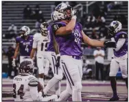  ?? (Photo courtesy University of Central Arkansas) ?? University of Central Arkansas defensive lineman Logan Jessup celebrates after tackling Eastern Kentucky running back Alonzo Booth during Saturday’s game at Estes Stadium in Conway. Jessup finished with 10 tackles and a sack in the Bears’ 37-25 victory over the Colonels to improve to 5-4 this season.