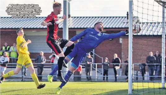  ??  ?? ● Porthmadog’s Ryan Taylor puts the ball past the Denbigh keeper, Craig Vernon, to score the 6th goal for the hosts