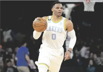  ?? FRANK FRANKLIN II/AP ?? LOS ANGELES LAKERS’ RUSSELL WESTBROOK brings the ball up during the second half of the team’s game against the New York Knicks on Jan. 31 in New York.