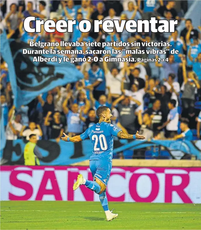  ?? (NICOLÁS BRAVO) ?? Festejo final. Jonas Aguirre sale festejando el segundo gol de Belgrano y atrás delira el pueblo pirata, que hacía rato no tenía una alegría. Encima, salió de la zona del descenso.