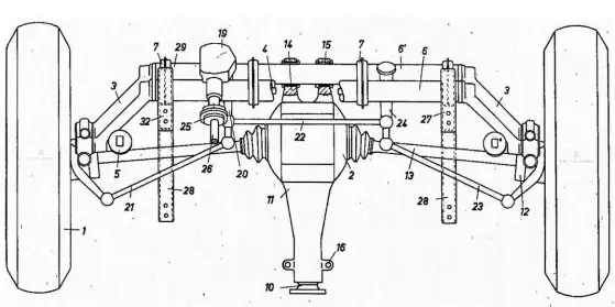  ??  ?? Above: Porsche attached the front of the Type 597’s frontdrive differenti­al to one of its torsion-bar tubes. A threepart track-rod linkage reduced bump steer