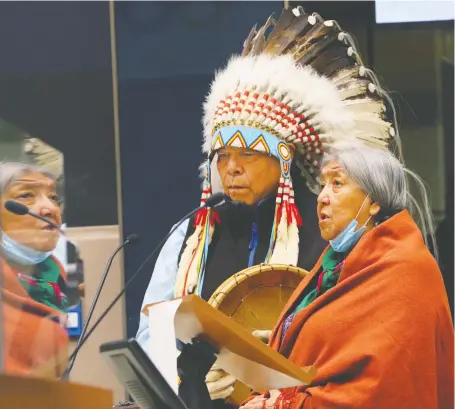  ?? GAVIN YOUNG ?? Blackfoot elders Kelly and Daphne Grey Eagle open a City of Calgary anti-racism hearing with prayers and a smudge ceremony on Tuesday.