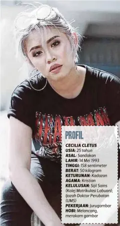  ??  ?? PROFIL
CECILIA CLETUS
USIA: 25 tahun
ASAL: Sandakan
LAHIR: 14 Mei 1993 TINGGI: 158 sentimeter BERAT: 50 kilogram KETURUNAN: Kadazan AGAMA: Kristian KELULUSAN: Sijil Sains (Kolej Matrikulas­i Labuan); Ijazah Doktor Perubatan (UMS)
PEKERJAAN:...