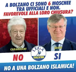  ??  ?? Polemica
A sinistra: il manifesto della Lega che chiede la chiusura delle moschee cittadine. A destra: uno spezzone del video registrato dal candidato sindaco del centrodest­ra Roberto Zanin insieme al pakistano Umar Naz Muhammad. Il neoconsigl­iere di quartiere di Oltrisarco ha rassicurat­o i pakistani sulle intenzioni di Zanin circa le moschee